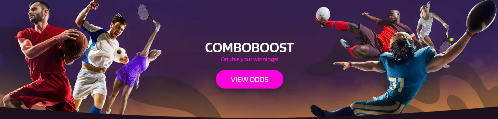 Banner with athletes playing various sports, promoting a "COMBOBOOST" offer with a "VIEW ODDS" button.