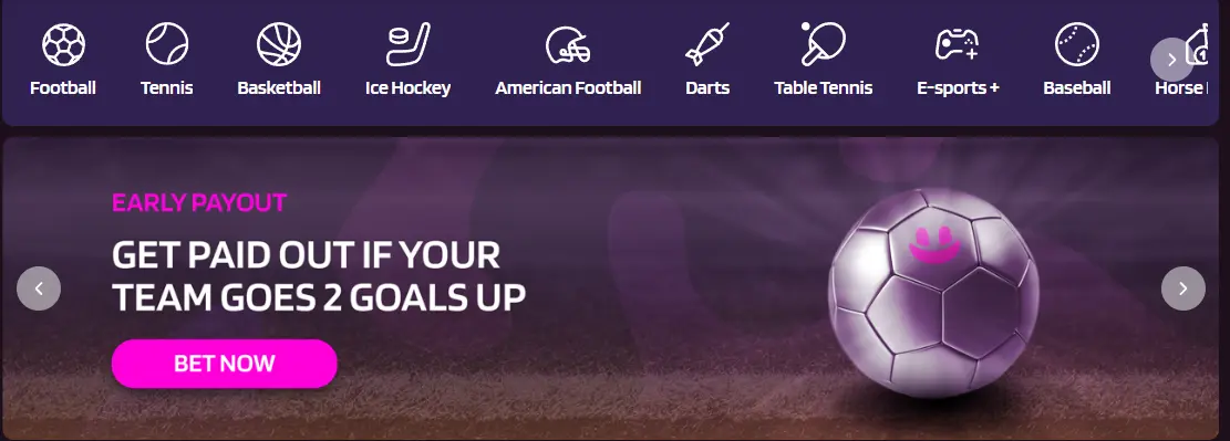 Banner with sports icons, "Early Payout" offer, and "Bet Now" button