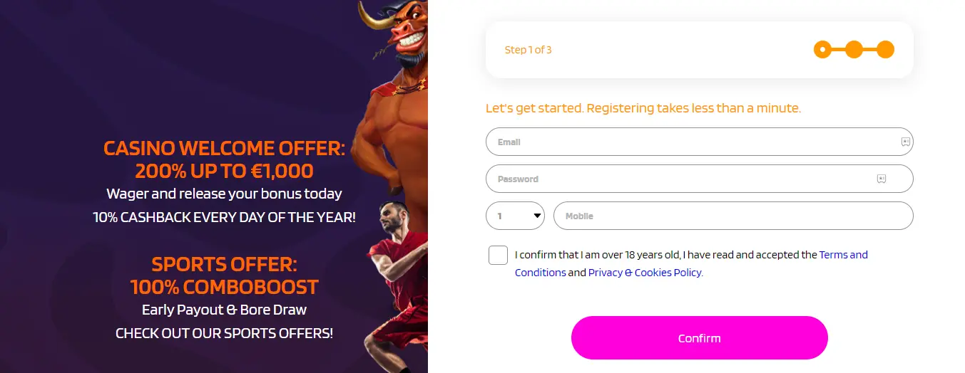 Image of a registration form with a welcome offer for casino and sports betting