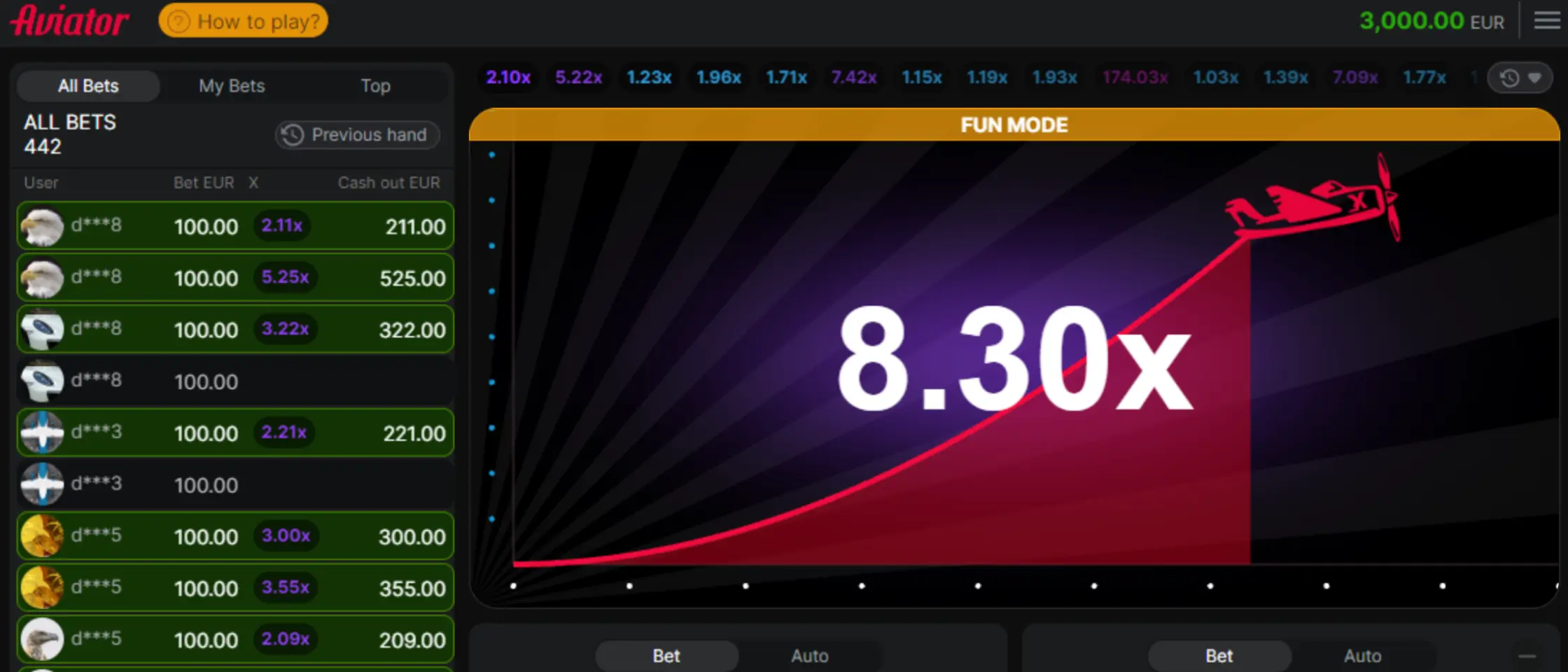 Image of an Aviator game screen showing a multiplier of 8.30x