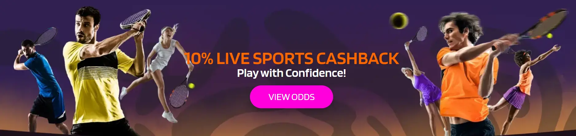 Image with tennis players and advertising a 10% cashback offer on live sports betting with a "View Odds" button.