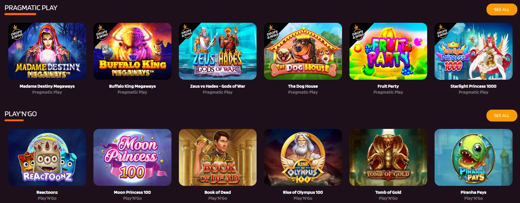 Image showcasing a selection of top online slot games, primarily from Pragmatic Play and Play'n GO.