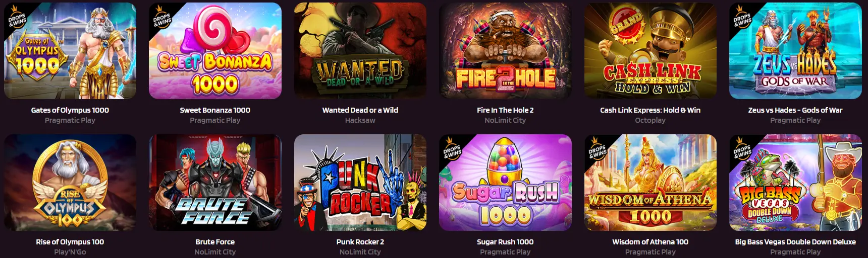 The image shows a collection of popular online slot games and the providers of the games are also listed.