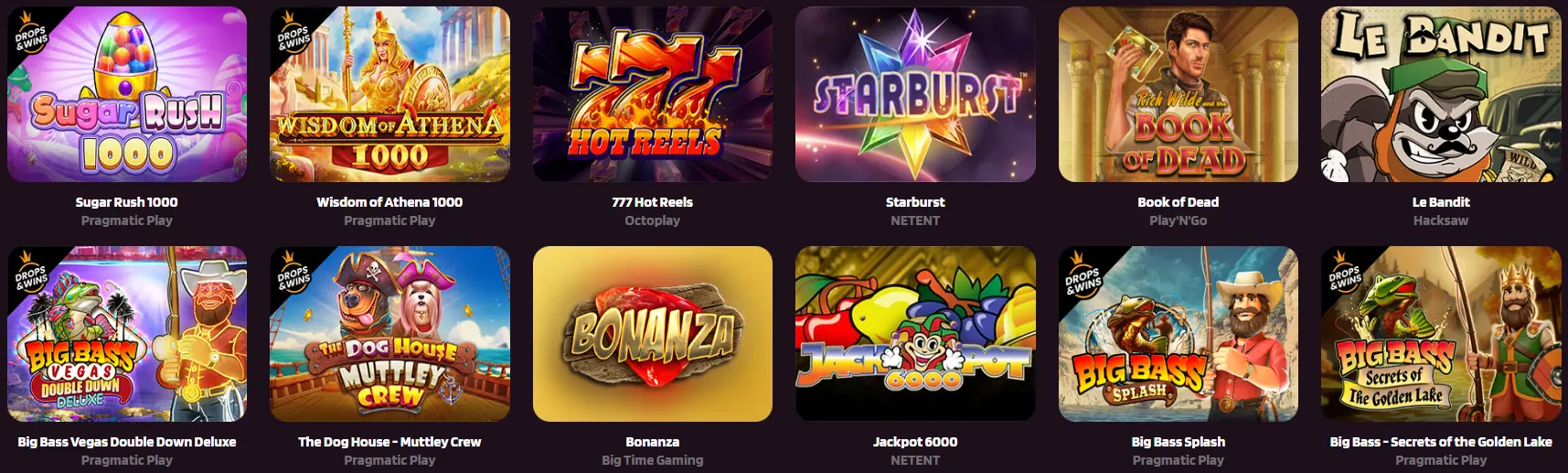 Image showcasing a selection of popular online slot games from various providers, including Pragmatic Play, Play'n GO, NetEnt, and more.