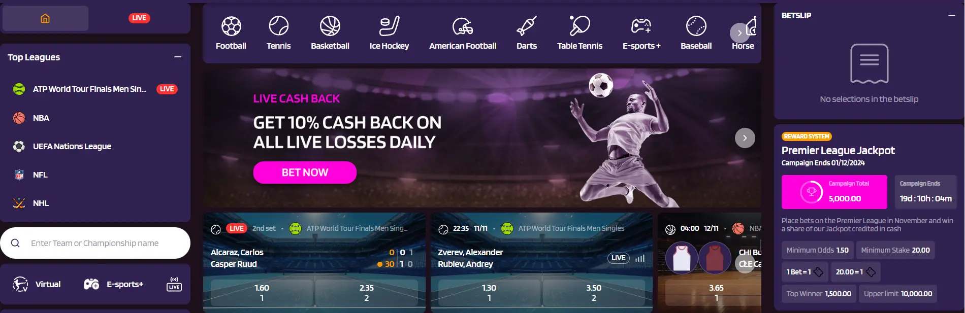 The image shows a sports betting website's homepage. It features a live cashback offer, a Premier League jackpot promotion, a search bar, and live match odds for various sports.