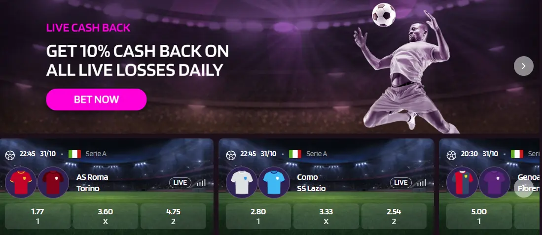 An action shot of a soccer player with the text 'GET 10% CASH BACK ON ALL LIVE LOSSES DAILY' and a 'BET NOW' button, plus live match previews with team logos and odds.