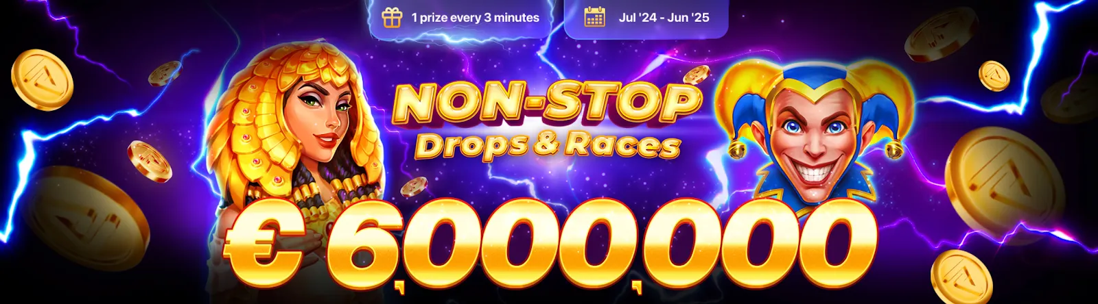 Playson Non-Stop Drops & Races promotion banner with €6,000,000 prize pool and lightning effects. 