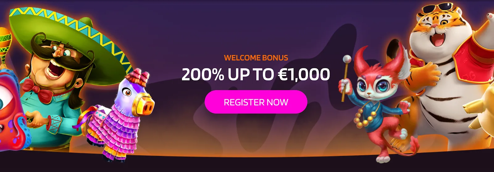 Colorful Happy Slots welcome bonus banner showing 200% up to €1,000 with animated characters.