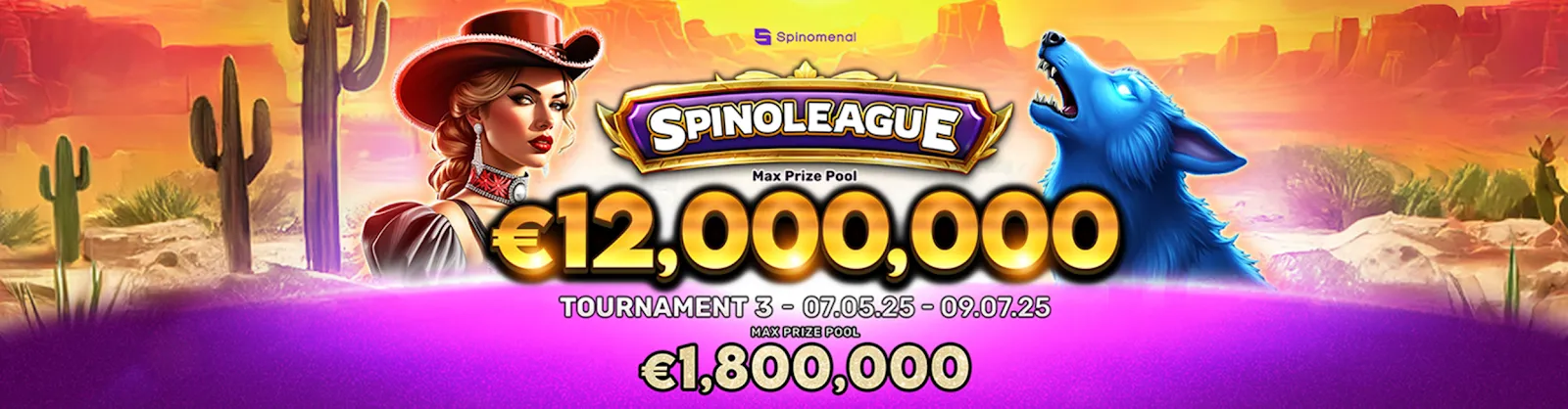 Spinoleague tournament banner showing €12,000,000 prize pool with desert background and a female character.