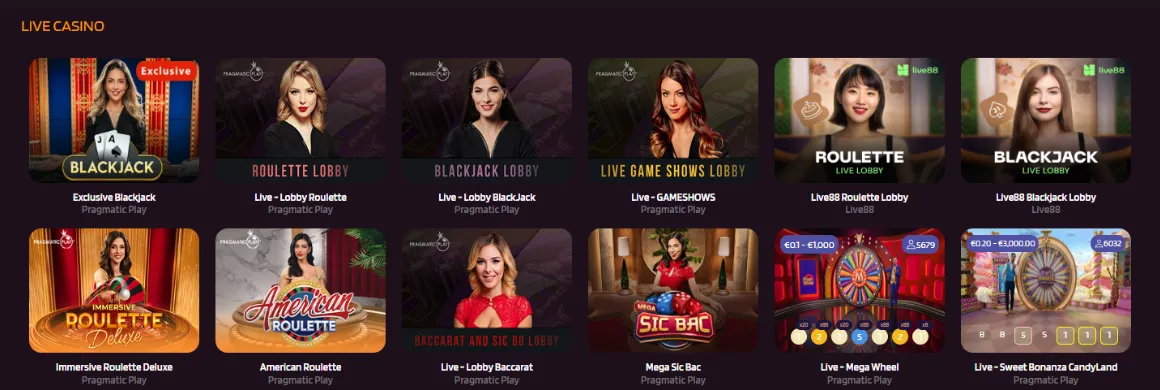 Live casino games available, including blackjack and roulette.