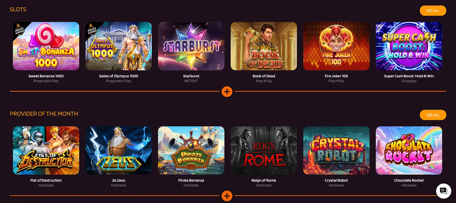 A screenshot from HappySlots Casino’s homepage showing some slot games and popular providers.