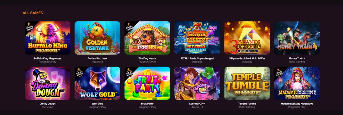 Various slot games, including Buffalo King and Golden Fish Tank.