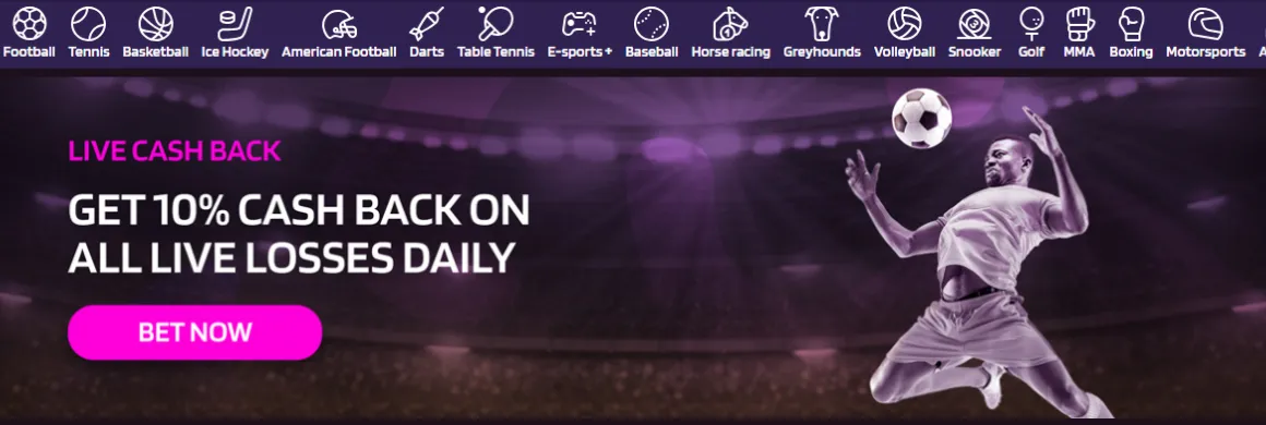 Sports betting options with live cashback promotion.