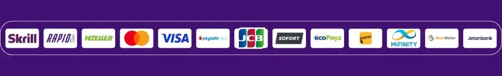 Payment options banner featuring logos of: Skrill, Rapid, Neteller, MasterCard, Visa, Paysafe Card, JCB, Sofort, EcoPayz, Interac, Mifinity, MuchBetter and Jetonbank.