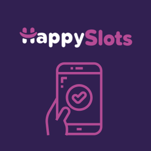 HappySlots casino logo with a pink smartphone icon and checkmark, symbolizing mobile number verification on a purple background.