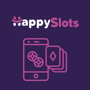 HappySlots casino logo with a pink smartphone, coins, and playing cards icon, symbolizing mobile gaming and claiming bonuses on a purple background.