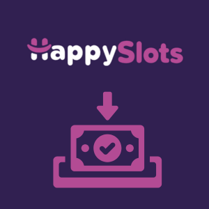 HappySlots casino logo with a money icon symbolizing player deposits on a purple background.