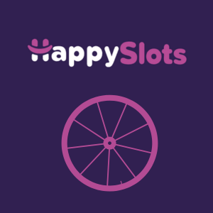 HappySlots casino logo with a pink wheel symbolizing HappySlots Casino free spins on a purple background.