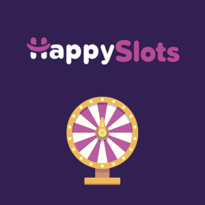 A purple spinning wheel icon with HappySlots logo above.