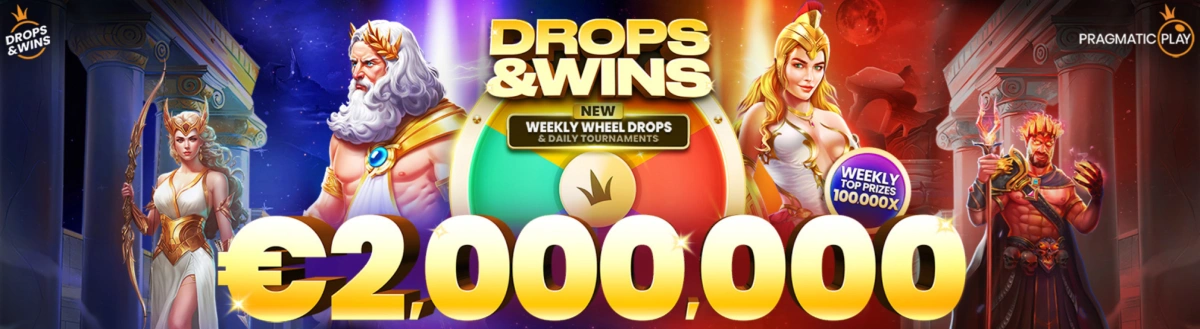 Pragmatic Play's Drops & Wins promotion with €2,000,000 prize pool, featuring a goddess, god, and warrior characters in a vibrant background, with a weekly top prize of 100,000x.
