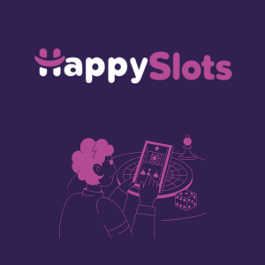 HappySlots logo with an image of a person playing casino games on a tablet.