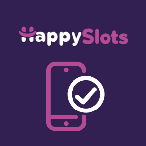 HappySlots phone with a checkmark indicating successful verification.