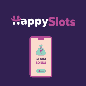 HappySlots casino logo with a smartphone showing a money bag icon and the text “Claim Bonus,” symbolizing bonus rewards on a purple background.