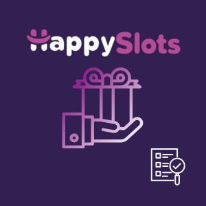 A hand holds a gift box with a clipboard on the side, under the Happy Slots logo.