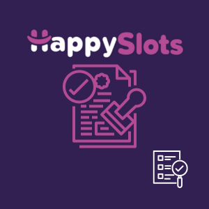A paper with text, a stamp, and a checkmark under the Happy Slots logo.