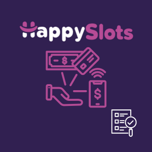 A hand, a smartphone, a credit card, and a dollar bill under the Happy Slots logo.