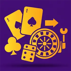 A stylized gold icon featuring playing cards, a roulette wheel, and dice, representing a variety of best casinos’ games.