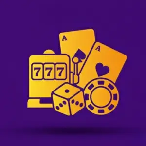 collection of gambling icons, including a slot machine with 777 symbols, two playing cards with aces, a dice, and a casino chip, all set against a purple background.