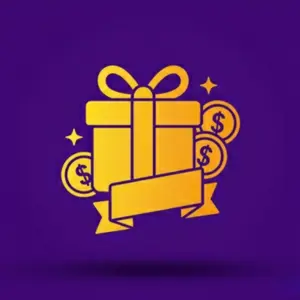 A gift box with a ribbon, accompanied by coins and a banner, symbolizing bonuses or rewards, set against a purple background.