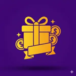 A gift box with a ribbon, accompanied by coins and a banner, symbolizing bonuses or rewards, set against a purple background.