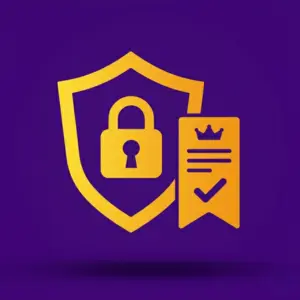 A lock symbol inside a shield alongside a document with a crown and checkmark, representing security and verification, set on a purple background.