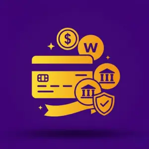 An illustration of a credit card surrounded by dollar signs, a bank icon, and a shield symbolizing secure financial transactions, set on a purple background.