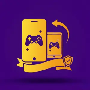A graphic representing mobile gaming, featuring a smartphone and tablet with game controllers and a shield icon indicating security, set against a purple background.