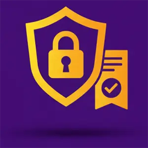 A stylized gold icon of a shield with a padlock inside, next to a document with a checkmark, signifying security and licensing of best casinos.